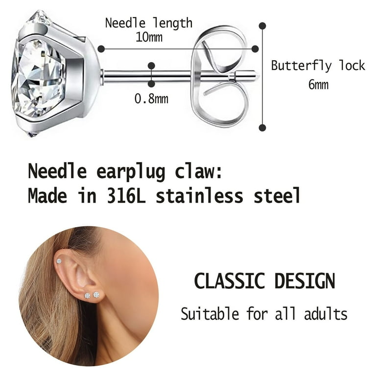 Adoyi Piercing Earrings 316L Stainless Steel Stud Earrings for Women 5 Pairs Set Cubic Zirconia CZ Earrings 3 8mm