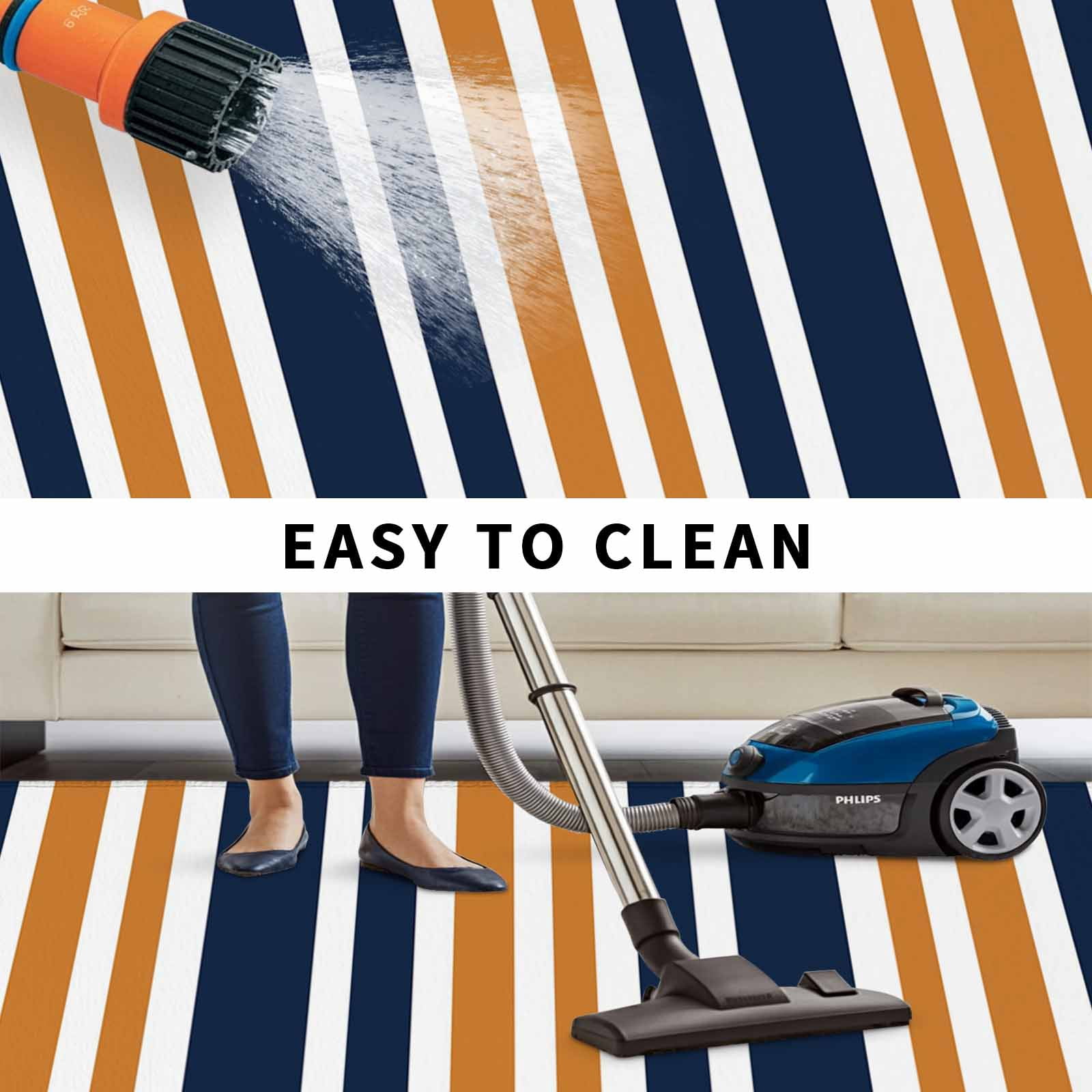 Orange Navy Blue Striped Outdoor Rug for Patio/Deck/Porch, Non-Slip Large Area Rug 5 x 7 Ft, Modern Minimalist Ombre Lines Indoor Outdoor Rugs Washable Area Rugs, Reversible Camping Rug Carpet Runner
