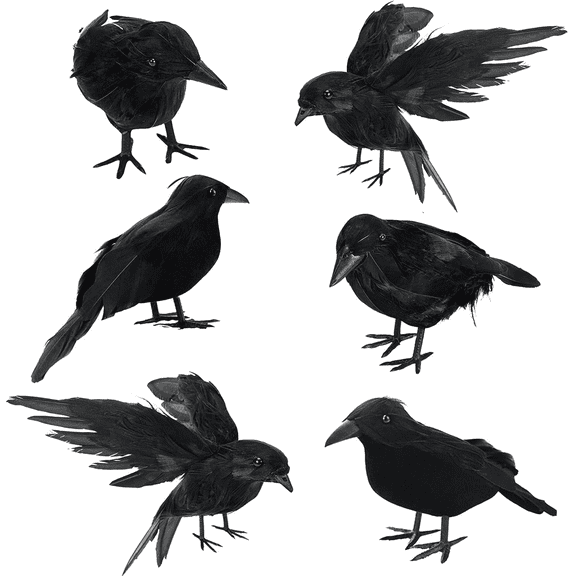 6 Pack Faux Feather Crow Halloween Decor Black Raven Bird Prop Realistic Standing Figure Indoor Outdoor Tabletop Garden Party Scary Home Decoration