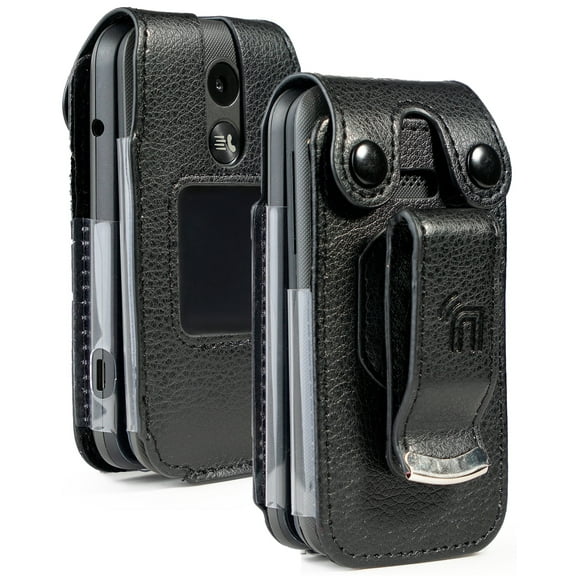 Case for MyFlip-2, Nakedcellphone [Black Vegan Leather] Form-Fit Cover with [Built-In Screen Protection] and [Metal Belt Clip] for Alcatel MyFlip 2 Phone (Year 2020, Model A406DL)