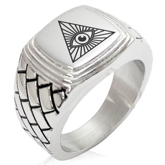 Stainless Steel All Seeing Eye Geometric Pattern Step-Down Biker Style Polished Ring