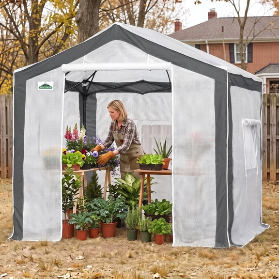 EAGLE PEAK 8 ' x 8 ' Portable Walk-in Greenhouse with Roll-up Zipper Entry Door and 3 Large Roll-Up Screen Windows, Instant Pop-up Easy Setup Indoor Outdoor Plant Gardening Green House, White