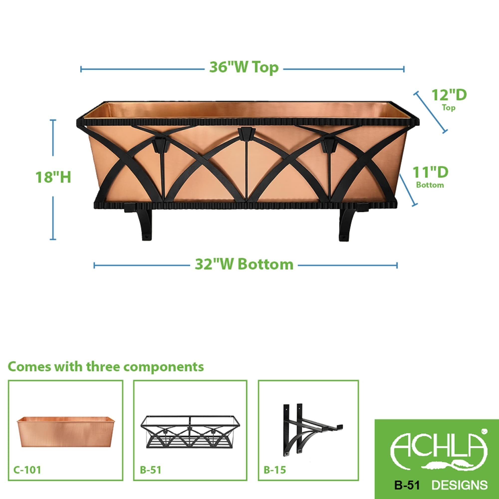 Achla Designs Rookwood Window Box , 36 Inch Wide, Satin Copper