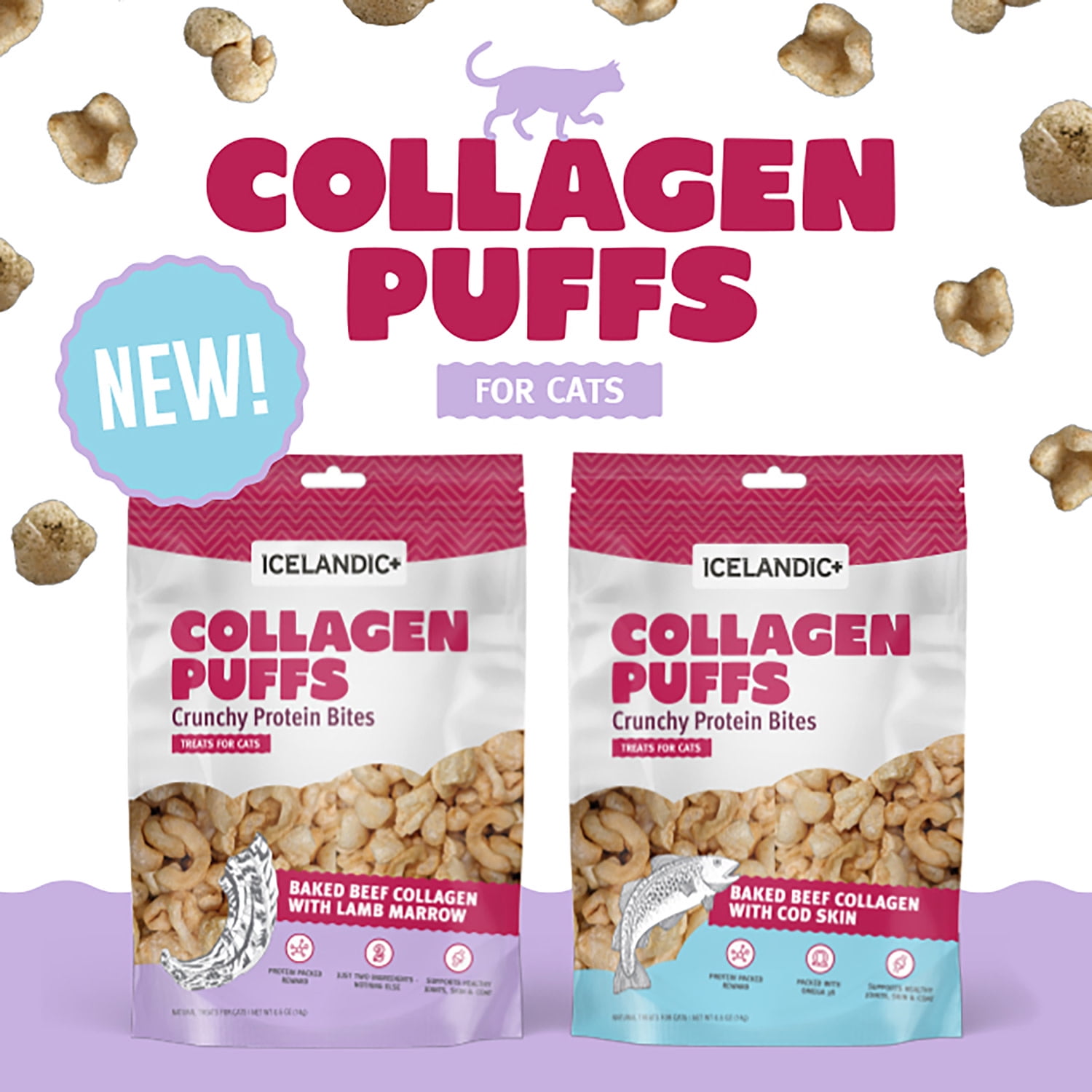 Icelandic+ Collagen Puffs: Baked Beef with Lamb Marrow - .5oz Bag, Small Cat Treats, Crunchy Protein Bites, 2 Ingredient Pet Treats, Natural Snacks