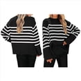 thumbnail image 3 of Suéteres de Punto A Rayas de Gran Tamaño para Mujer, Ropa de Otoño 2025, Suéter de Cuello Redondo de Invierno con Abertura Lateral Negro M, 3 of 6