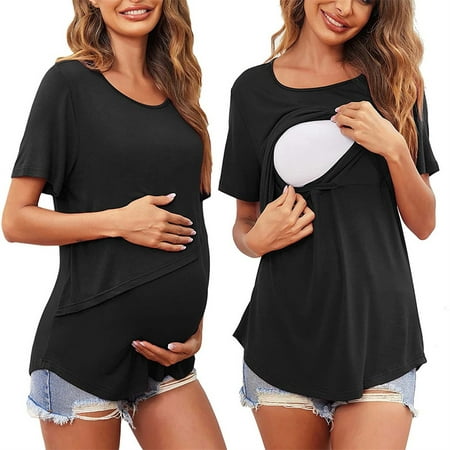 

SHENGXINY Casual Maternity Clothes Women s Nursing Tops For Breastfeeding Tee Shirts Solid Color Soft Double Layer Short Sleeve Pregnancy T Shirt Summer