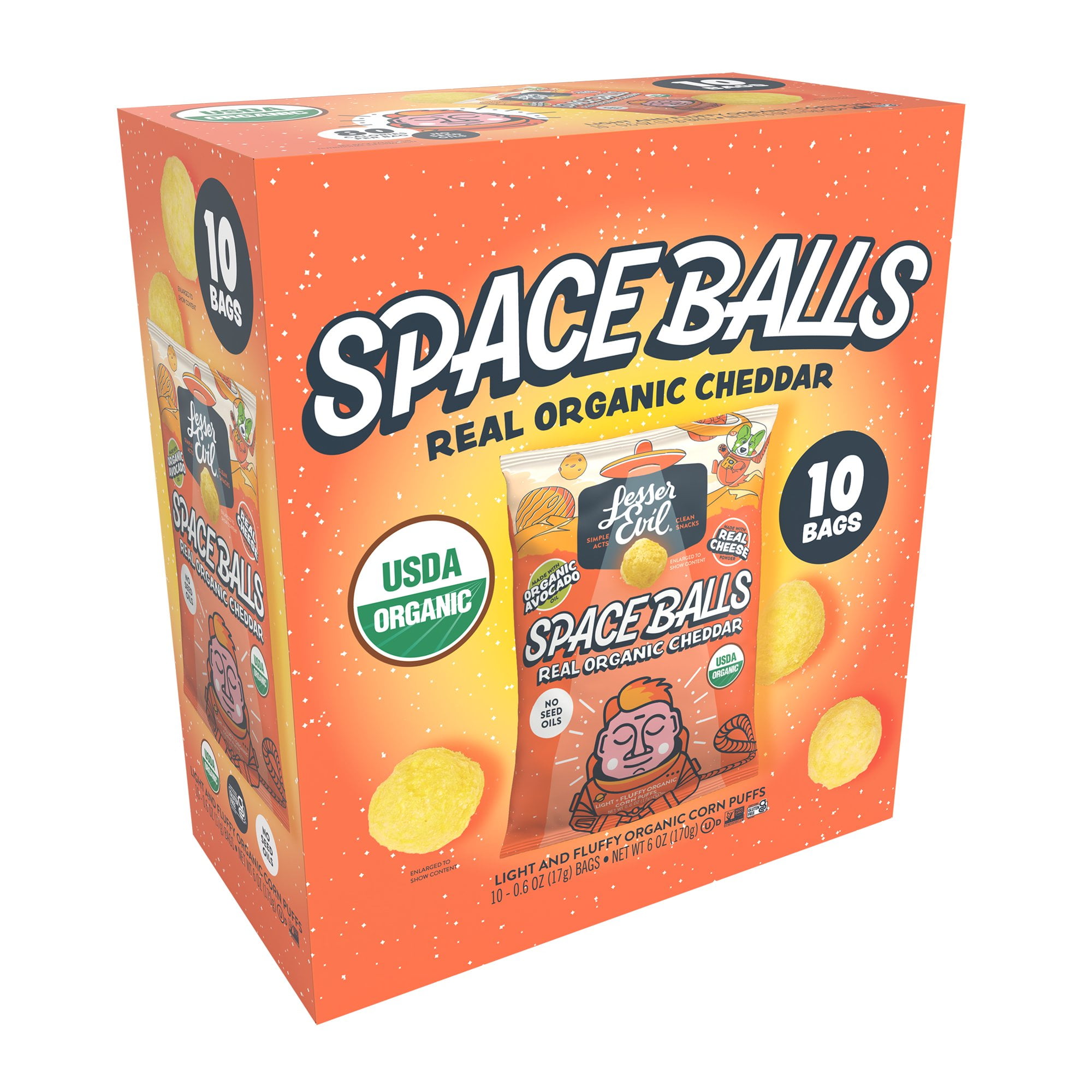 LesserEvil Space Balls, Snack Pack Box, Real Cheese, 10 / 0.6oz