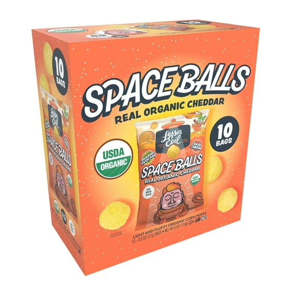 LesserEvil Space Balls, Snack pack Box, Real Cheese, 10 / 0.6 oz