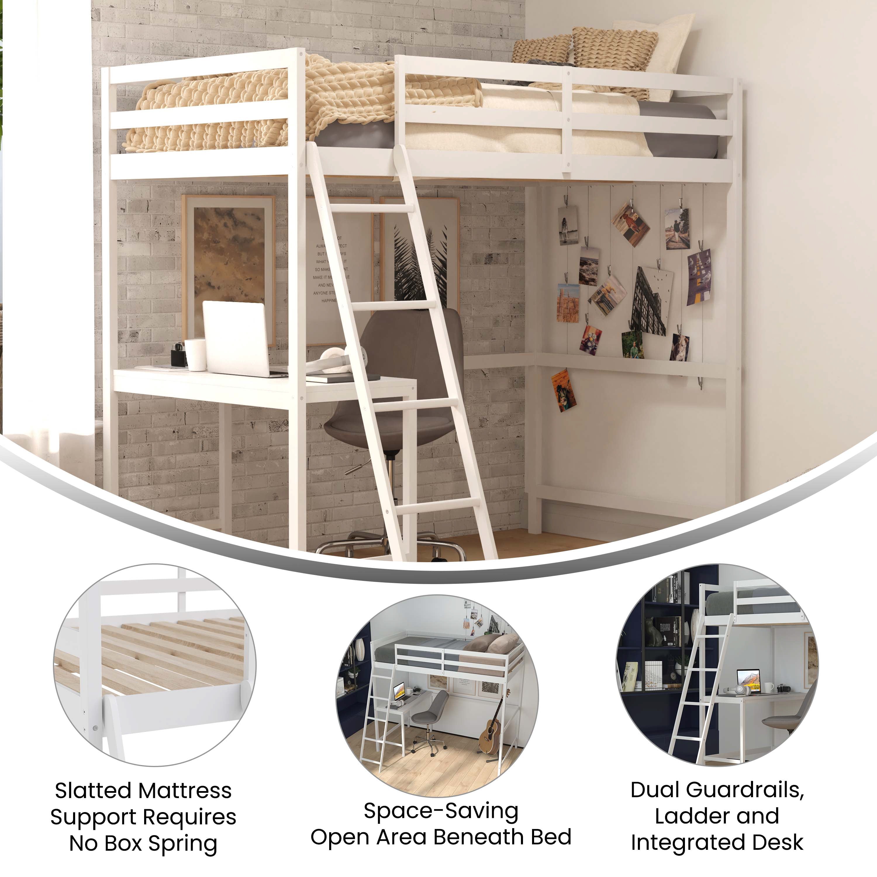 Flash Furniture Riley Loft Bed Frame with Desk, Twin Size Wooden Bed Frame with Protective Guard Rails & Ladder for Kids and Teens - White