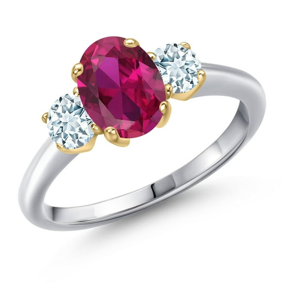 Gem Stone King 925 Silver and 10K Yellow Gold Red Created Ruby and Sky Blue Aquamarine Engagement Ring for Women | 1.85 Cttw | Oval 8X6MM | Gemstone July Birthstone | Size 8