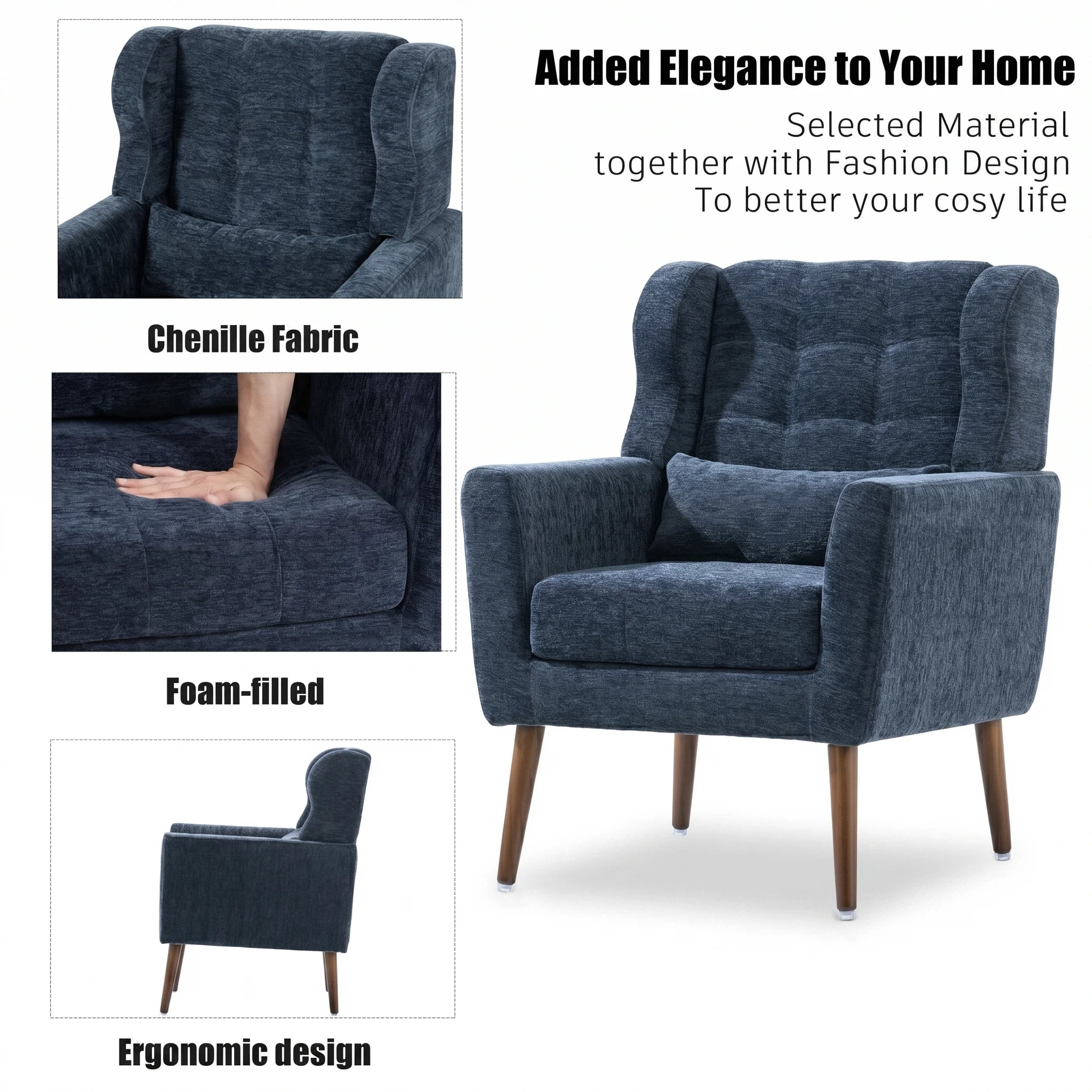 AISWORD Modern Accent Chair, Upholstered Armchair with Pillow, Fabric Single Sofa Chair with Lounge Seat and Wood Legs Accent Chair for Living Room Bedroom Small Spaces, Dark Blue