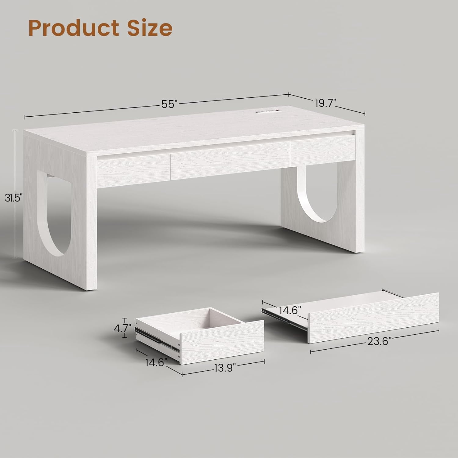 SEDETA 55" Office Desk with 3 Drawers, Modern Executive Desk with U-Shaped Legs, Wood Computer Desk with Power Outlet, Home Office Desks with Relief Texture, White