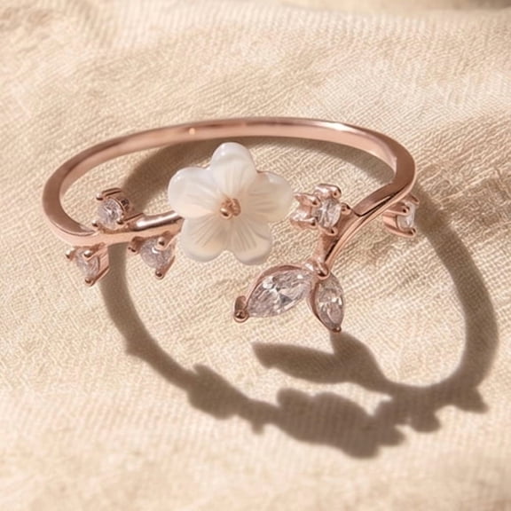 FFORCE Adjustable Copper Leaf Ring for Women, Openwork Stackable Ring Set with Cubic Zor Zirconia