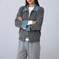 thumbnail image 5 of Women'S Denim Spliced Collar Zip‑Up Knit Cardigan Top Dark Gray One size, 5 of 7