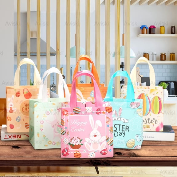 Happy Easter Egg Hunt Bags Easter Bunny Carrot Chick Egg Gift Bags with Handles, Easter Treat Bags, Non-Woven Bags for Gifts Wrapping, Egg Hunt Game, Easter Party Supplies