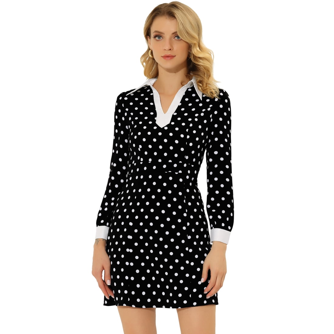 Unique Bargains Women s Contrast Cuff Polka Dots A Line Long Sleeve Dress Black S Black