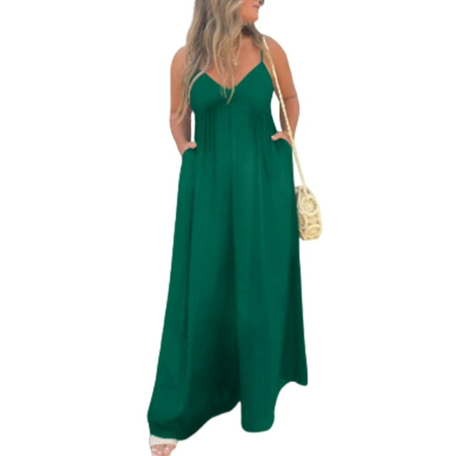 Innerwin Combinaison Longue Col en V Profond Femmes Combinaisons Vacances Sans Manches Décontracté Pantalon Large Vert 2TG