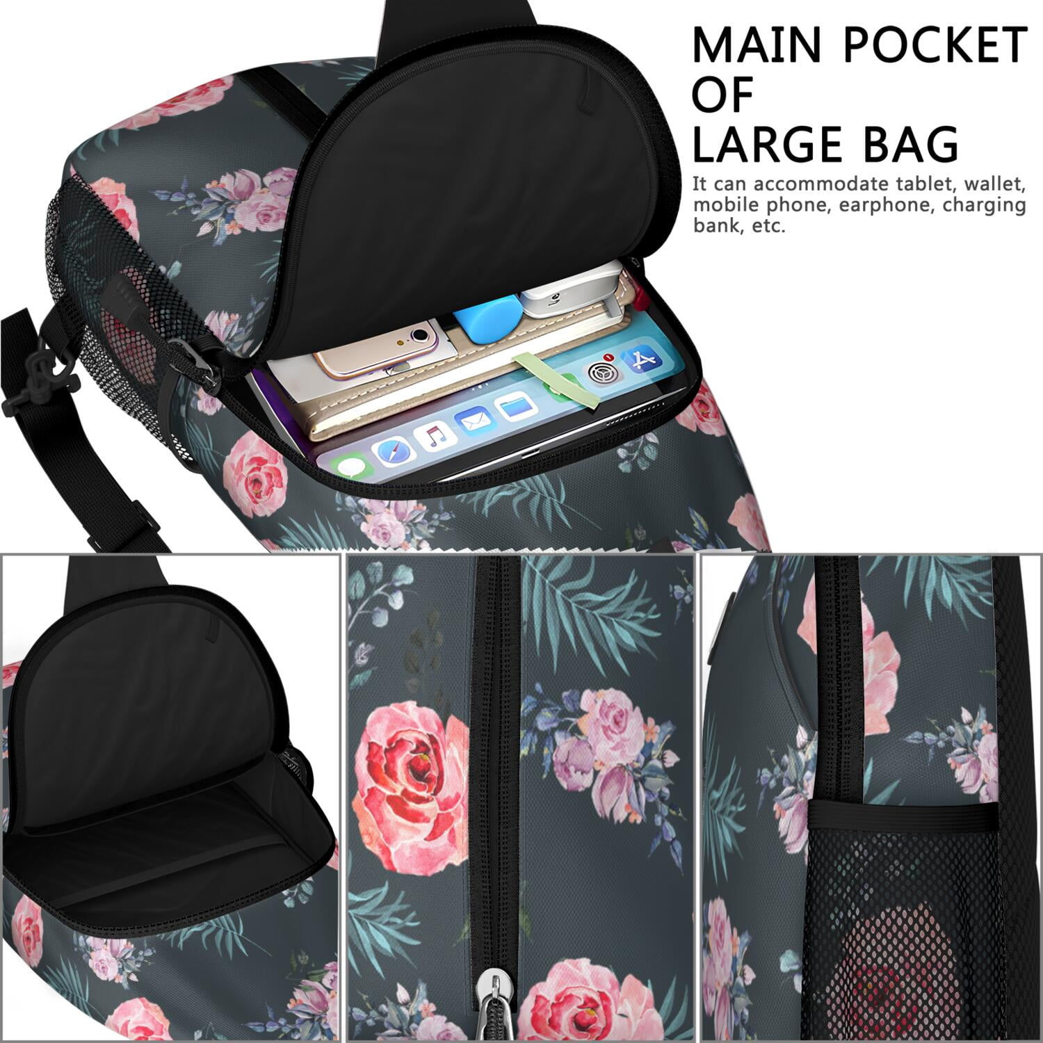 Rustic Cow Print Sling Backpack with Country Farmhouse Design – Black and White Buffalo Pattern Crossbody Bag Featuring Cute Cartoon Cows, Floral Texture, Vintage Aesthetic