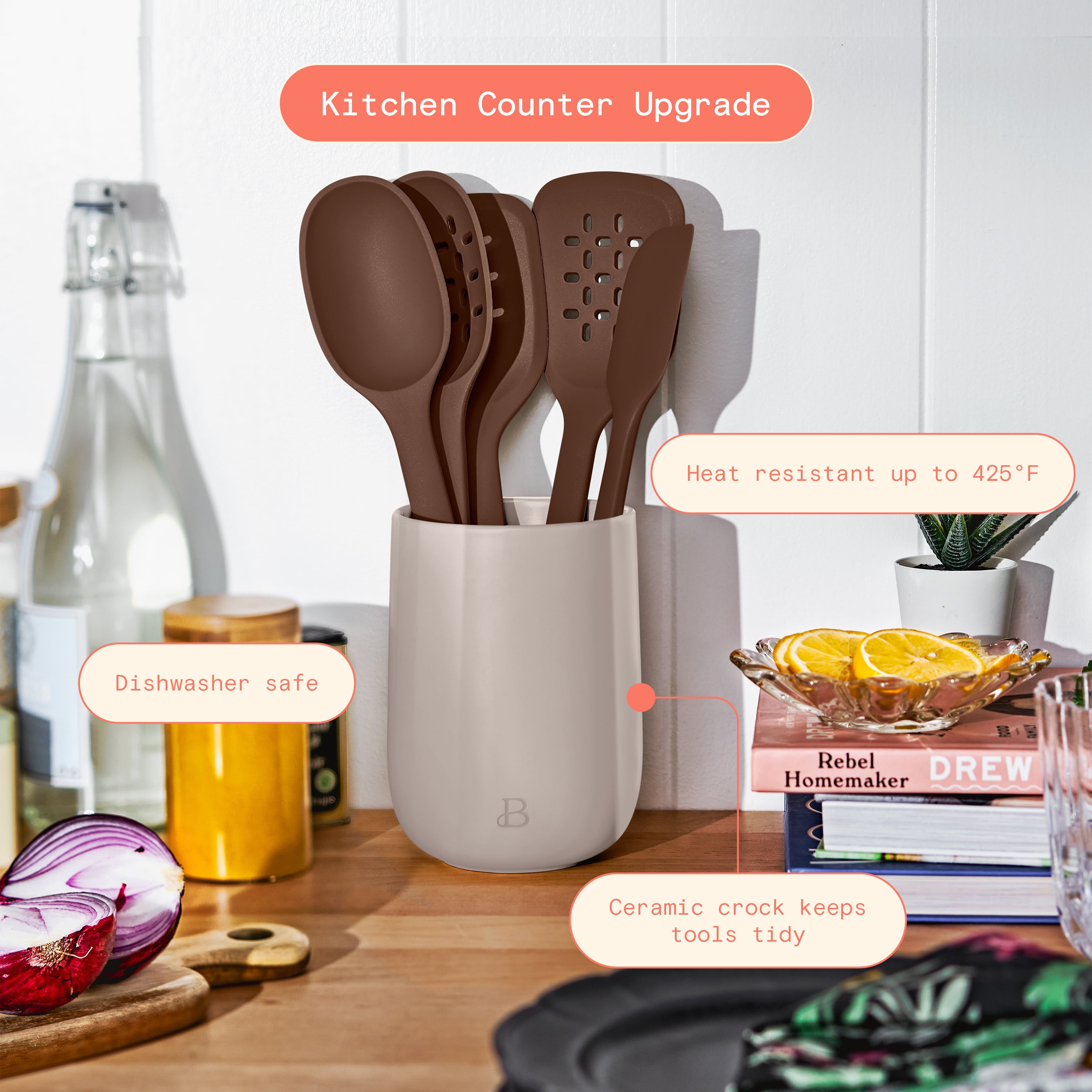 Beautiful 6-Piece Silicone Kitchen Tool Set with Ceramic Crock, Chocolate by Drew Barrymore