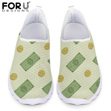 

FORUDESIGNS Fashion Ladies Flat Shoes Cartoon Banknote Pattern Ladies Flat Slip-on Shoes Casual Mesh Breathable Summer Sneakers