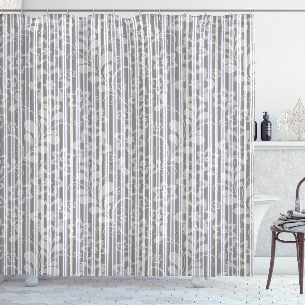 Grey and White Shower Curtain, Floral Petals Branches and Leaves Faded