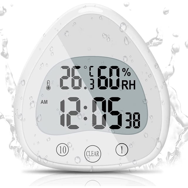 Reloj de baño, alarma digital LCD con pantalla táctil impermeable, temporizadores impermeables, termómetro, reloj de pantalla portátil con ventosa para cocinar y aprender.