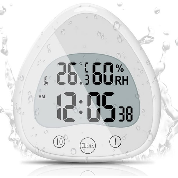 Reloj de baño, alarma digital LCD con pantalla táctil impermeable, temporizadores impermeables, termómetro, reloj de pantalla portátil con ventosa para cocinar y aprender.