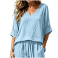 thumbnail image 4 of CYMMPU Women's Summer Linen Blend 2-Piece Outfit, V-Neck 3/4 Sleeve Top with Drawstring Pants, Casual Loungewear Set Light Blue XL, 4 of 7
