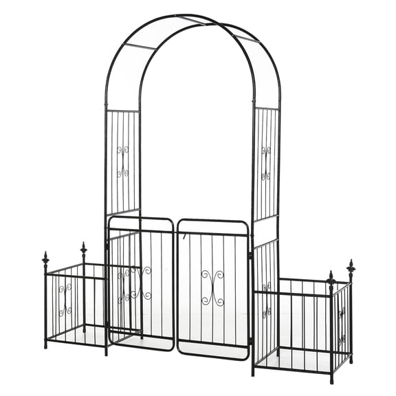 86" Garden Arbor Arch Gate - Black Metal Trellis for Climbing Plants, Wedding Decor, Locking Door, Planter Boxes