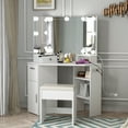 thumbnail image 3 of BeesClover Corner Makeup Vanity Set with Lighted Mirror & Power Outlet – 2-Drawer Vanity Table with Stool, 3-Color Dimmable LED Lights, 3 of 7