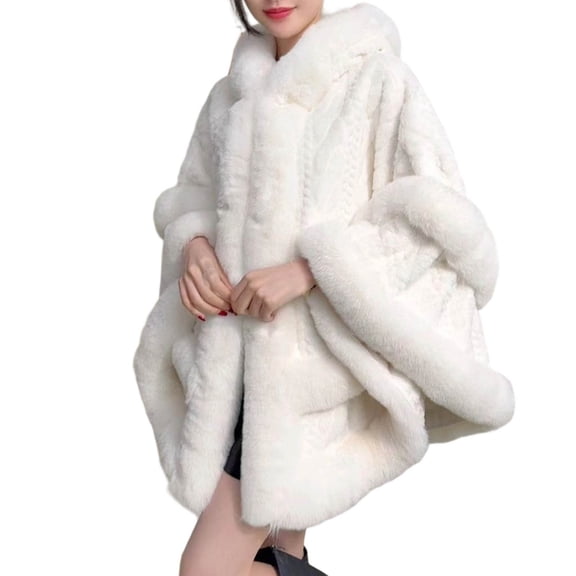 YABCSAZ Women's Jacket, Women's Hooded Fleece Cape Poncho Warm Shawl Wrap Coat, Loose Solid Color Mid-Length Cape Poncho with Fringed Trim, Fuzzy Thickened Winter Cape