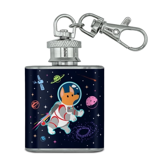 Cosmonaut Astronaut Dog in Space with Planets and Stars Stainless Steel 1oz Mini Flask Key Chain