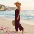 thumbnail image 6 of JULMCOMO Jumpsuits for Women Off Shoulder Sleeveless Summer Jumpsuits Tie Front Strapless Wide Leg Casual Baggy Overalls with Pockets Wine L, 6 of 8