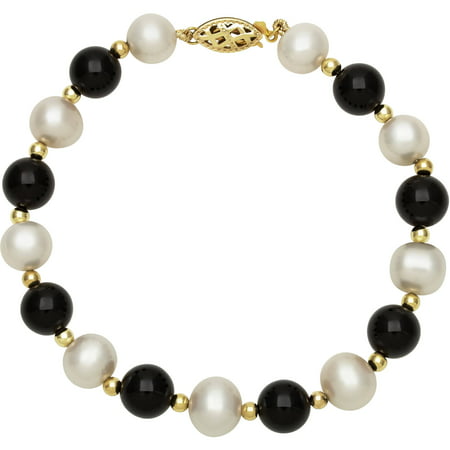7.5-8.5mm Cultured Freshwater Pearl and Black Onyx 14kt Yellow Gold Bead Bracelet, 7.5