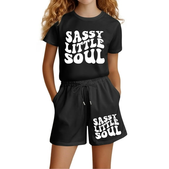 Hienoo Girl Casual Cotton Outfits Letter Print Short Sleeve T Shirt Shorts Set, Sizes 3-14