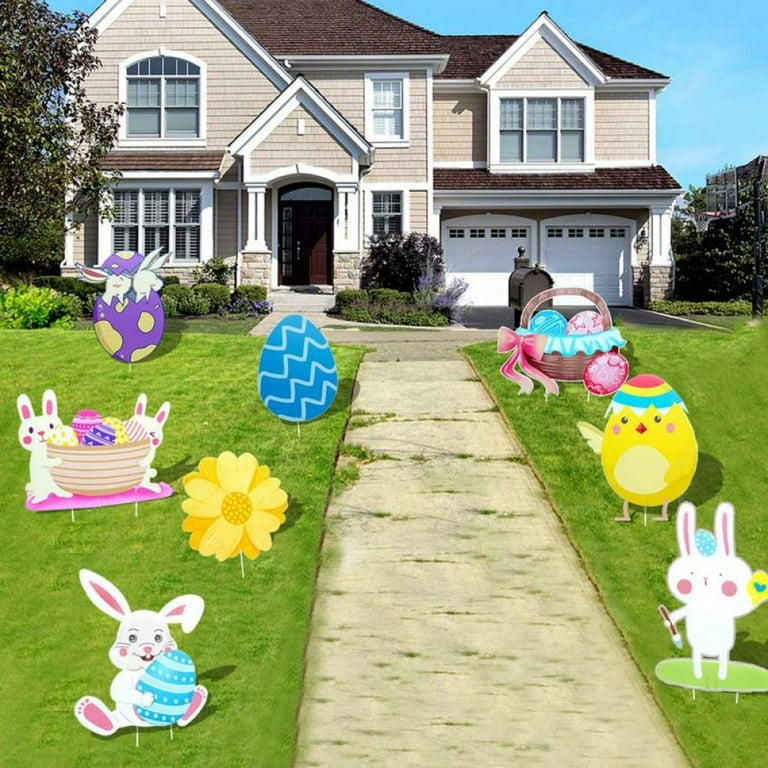 Yuntau 28 Pcs Easter Outdoor Decorations Egg Shape Yard Sign with