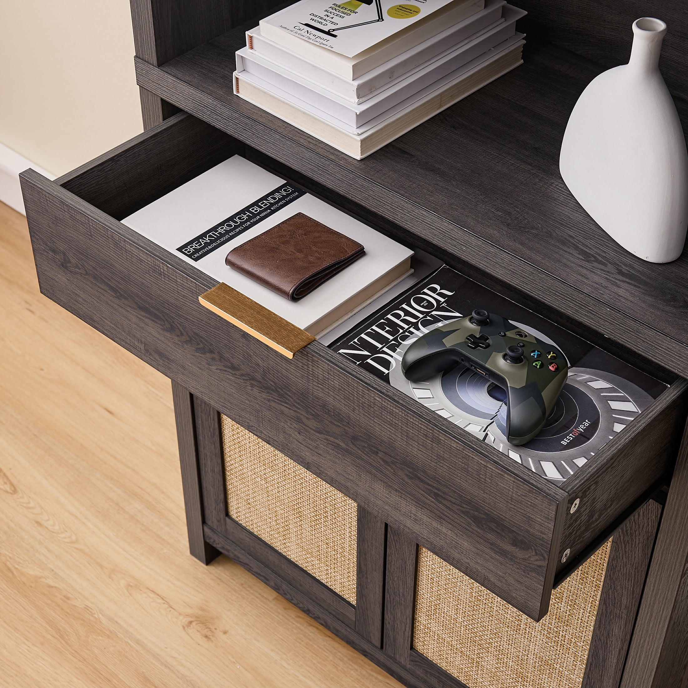 ARKANTOS Rattan Bookcase with Doors, 5 Shelf Adjustable Bookshelf and Storage Cabinet, Charcoal Oak