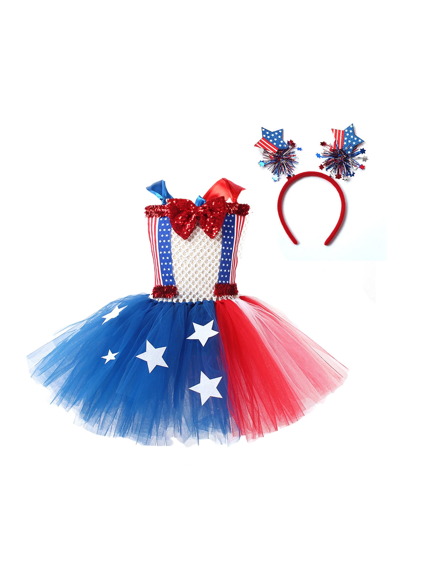 Toddler Girls 4th of July Summer Sleeveless Printed Star Stripe Tulle Casual Dress with Bowknot 