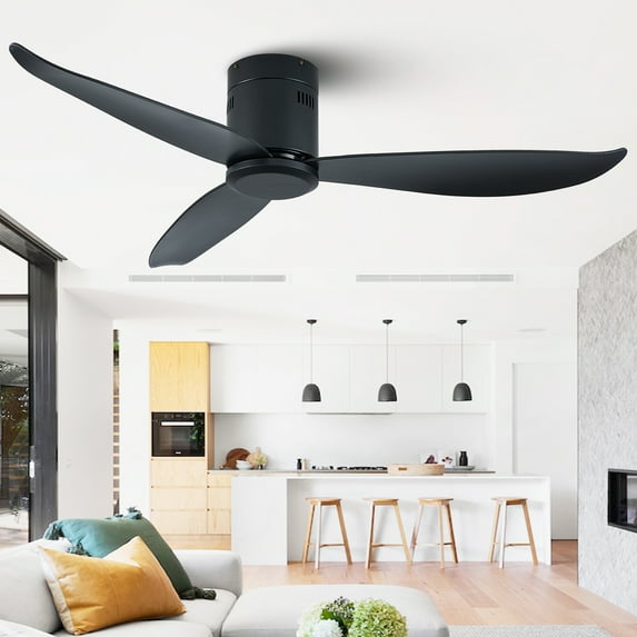 52" Low Profile Ceiling Fan No Light, Black Flush Mount Ceiling Fans without Lights