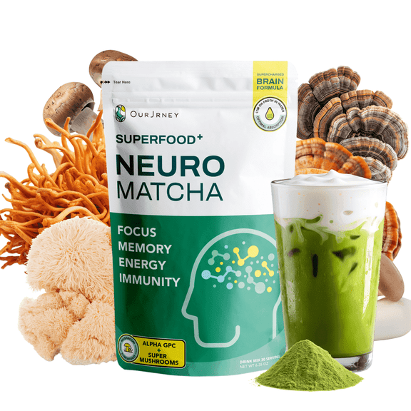 NeuroMatcha Mushroom Matcha Powder, Nootropic Brain Booster Drink Mix for Memory & Calm, No Jitters Coffee Alternative, 30 Day Supply