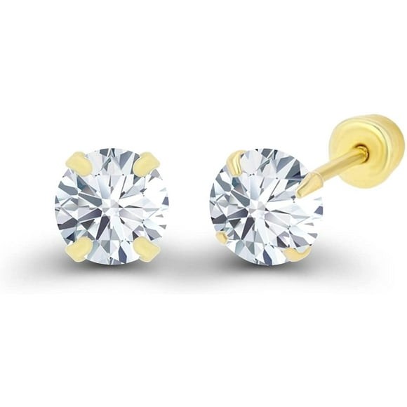 Boucles d'Oreilles Clous Solitaire en Or Jaune Massif 14k Hypoallergéniques AAA en Zircon Cubique à Vis Sécurisées, Fermoirs Vissés, 3 mm-7 mm
