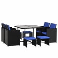 thumbnail image 1 of Outsunny 9 Pieces Wicker Patio Dining Set Outdoor Furniture Set with Removable Cushions, Glass Top Dining Table, Ottomans, PE Rattan Conversation Set for Garden Poolside, Blue, 1 of 10