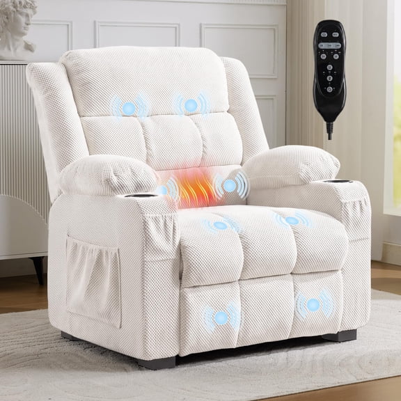 Beige Oversized Electric Reclining Chair, 26" Wide Seat with Heated Lumbar Support and 8-Point Vibration Massage, USB Port, 2 Memory Positions, Velvet Home Theater Seating