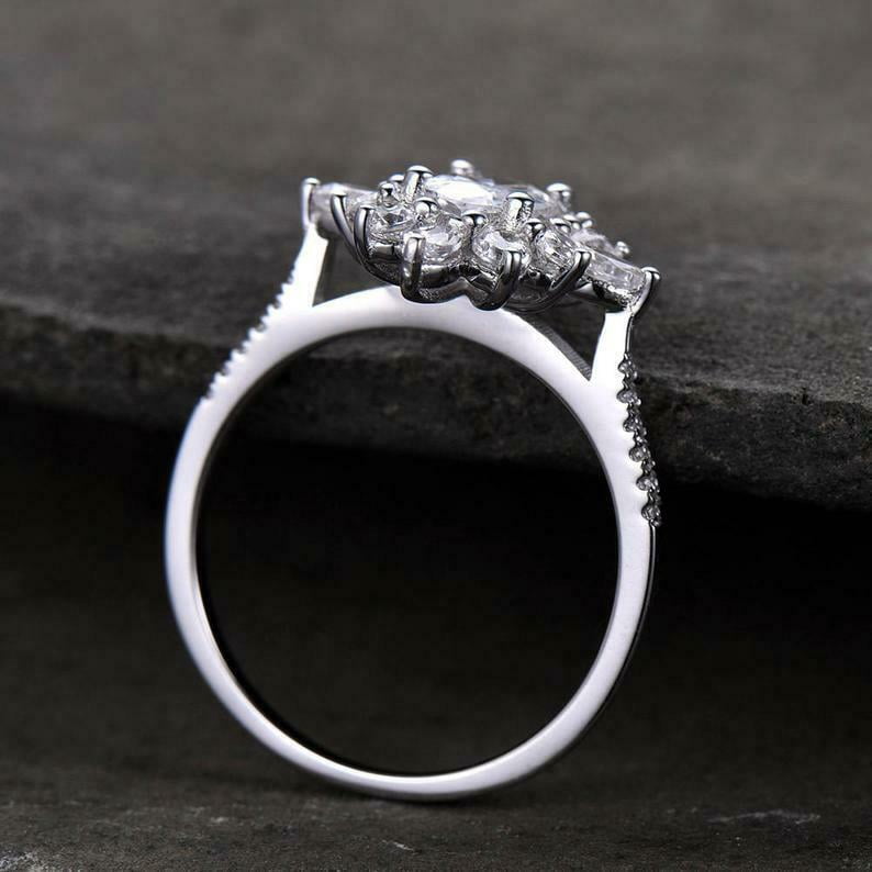 HeartsAndYou 2.4ct Engagement Ring for Women Oval Cut Moissanite Sunburst Ballerina 18k White Gold over Silver