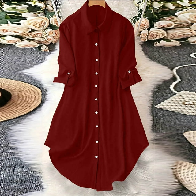 Soki Robe Chemise Boutonnée pour Femmes avec Poches, Col Oversize, Manches Longues, Tunique Asymétrique