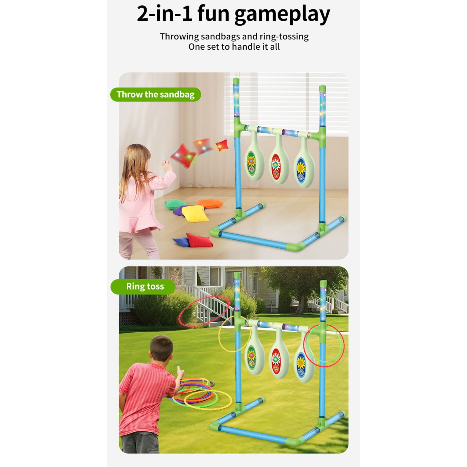 Indoor Outdoor Beanbag Throwing Game Stand with Lights, 2 in 1 Two Player Competitive Throwing and Ring Toss Set, LED Light Up for Night Parties