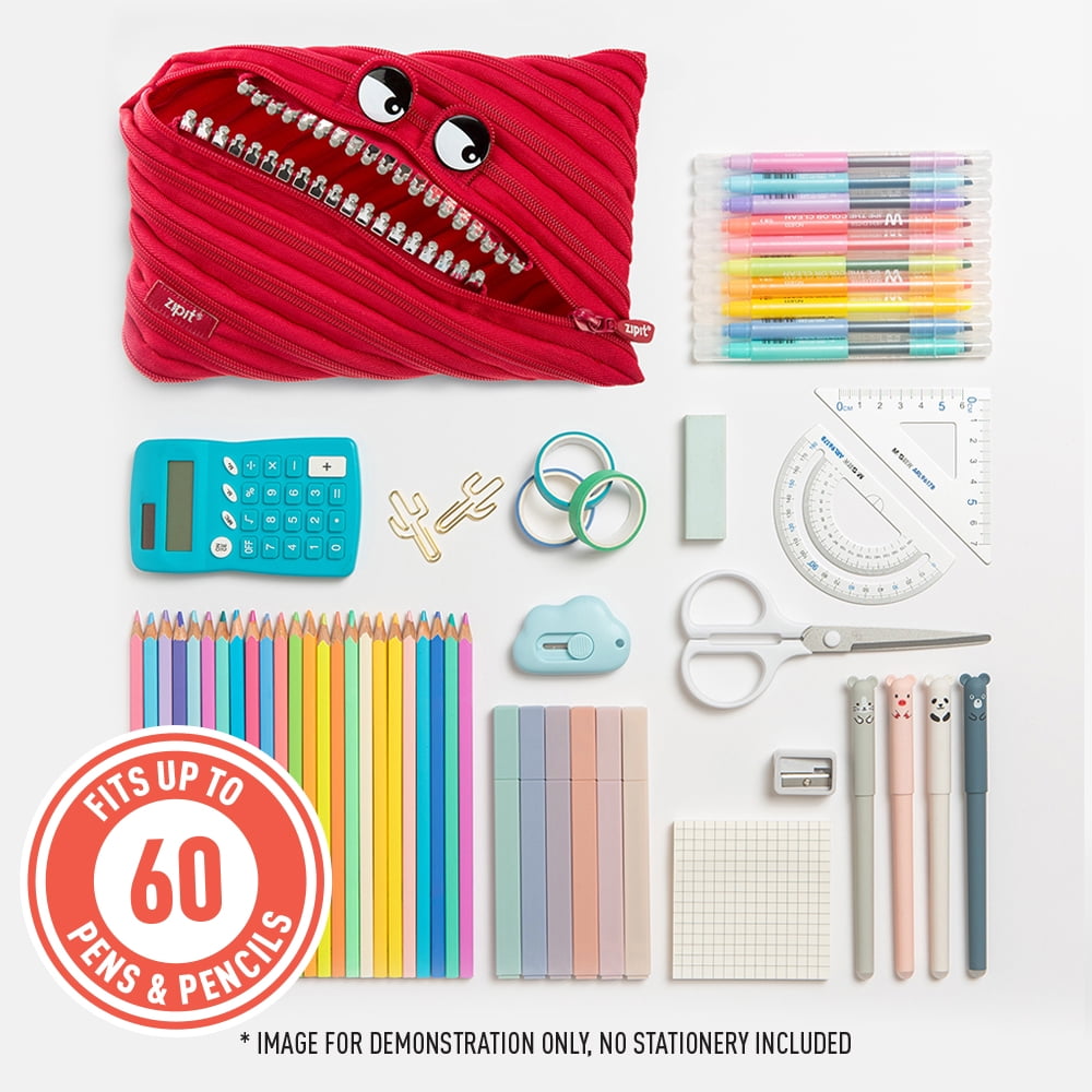 ZIPIT Grillz Large Pencil Case, Holds up to 60 Pens, Made of One Long Zipper! (Red)
