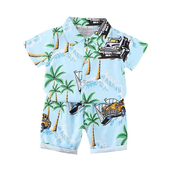 ANINEO Baby Boy Tropical Print Outfits Short Sleeve Button Down Shirt Swim Shorts Summer Set Casual Toddler Boy Beach, 18-24 Months