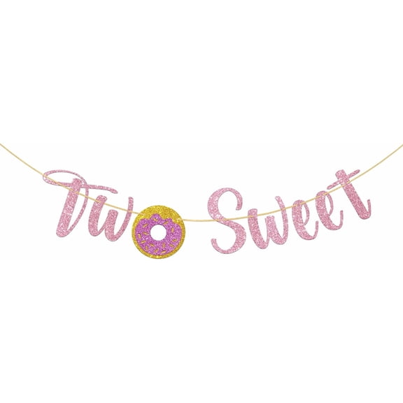 Pink Glitter Two Sweet Banner - Happy 2nd Birthday Party Decoration for Baby Girl - Donut Sign Birthday Party Supplies for Two Years Old Bday Party - Sweet 2nd Anniversary Party Decoration Supplies