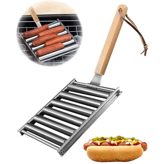 ABCISI Hot Dog Roller Grill, Sausage Roller for Grill, Stainless Steel BBQ Hot Dog Griller with Extra Long Wood Handle, Evenly Cooked Hotdogs, 6 Rollers for 5 Hot Dogs